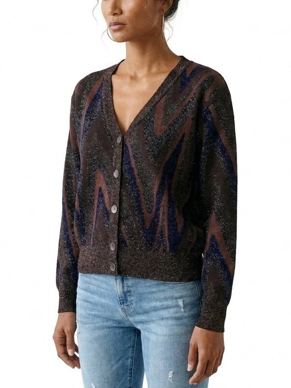 Metallic Zig Zag Stripe V-Neck Cardigan Sweater - Sweaters & Knitwear