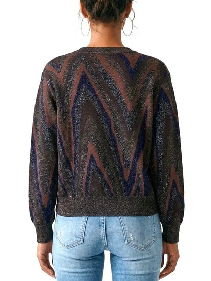 Metallic Zig Zag Stripe V-Neck Cardigan Sweater - Sweaters & Knitwear