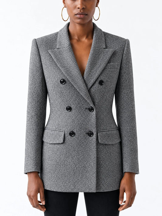 Micro Herringbone Double Breasted Wool Blend Blazer - Small - Jackets