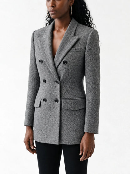 Micro Herringbone Double Breasted Wool Blend Blazer - Jackets