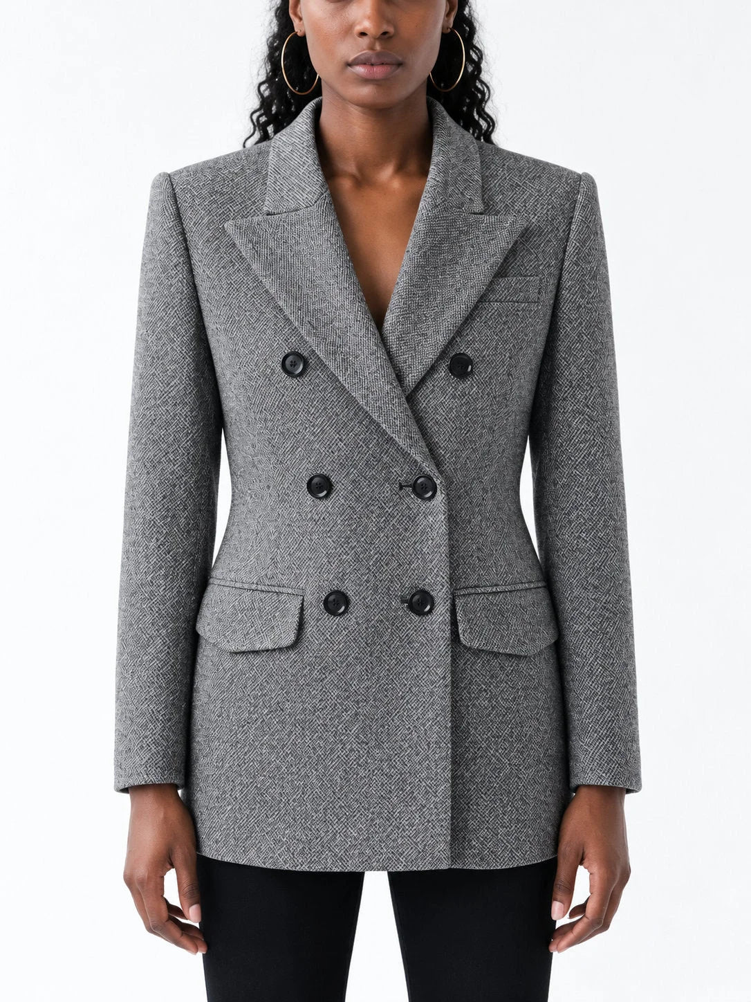 Micro Herringbone Double Breasted Wool Blend Blazer - Jackets