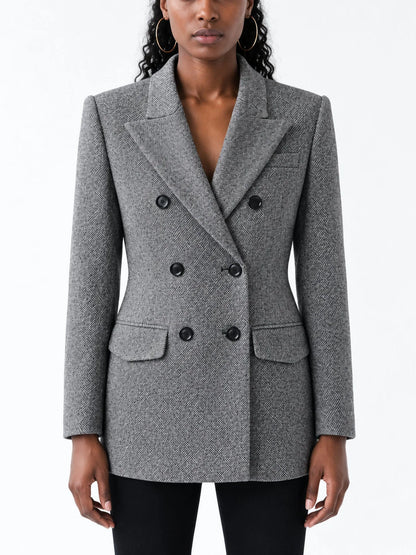 Micro Herringbone Double Breasted Wool Blend Blazer - Jackets