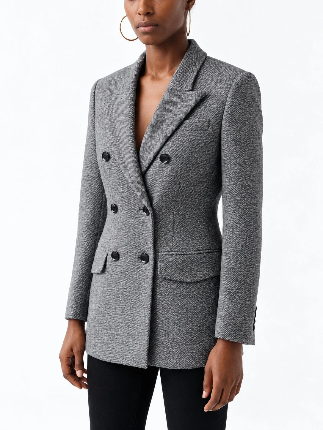 Micro Herringbone Double Breasted Wool Blend Blazer - Jackets