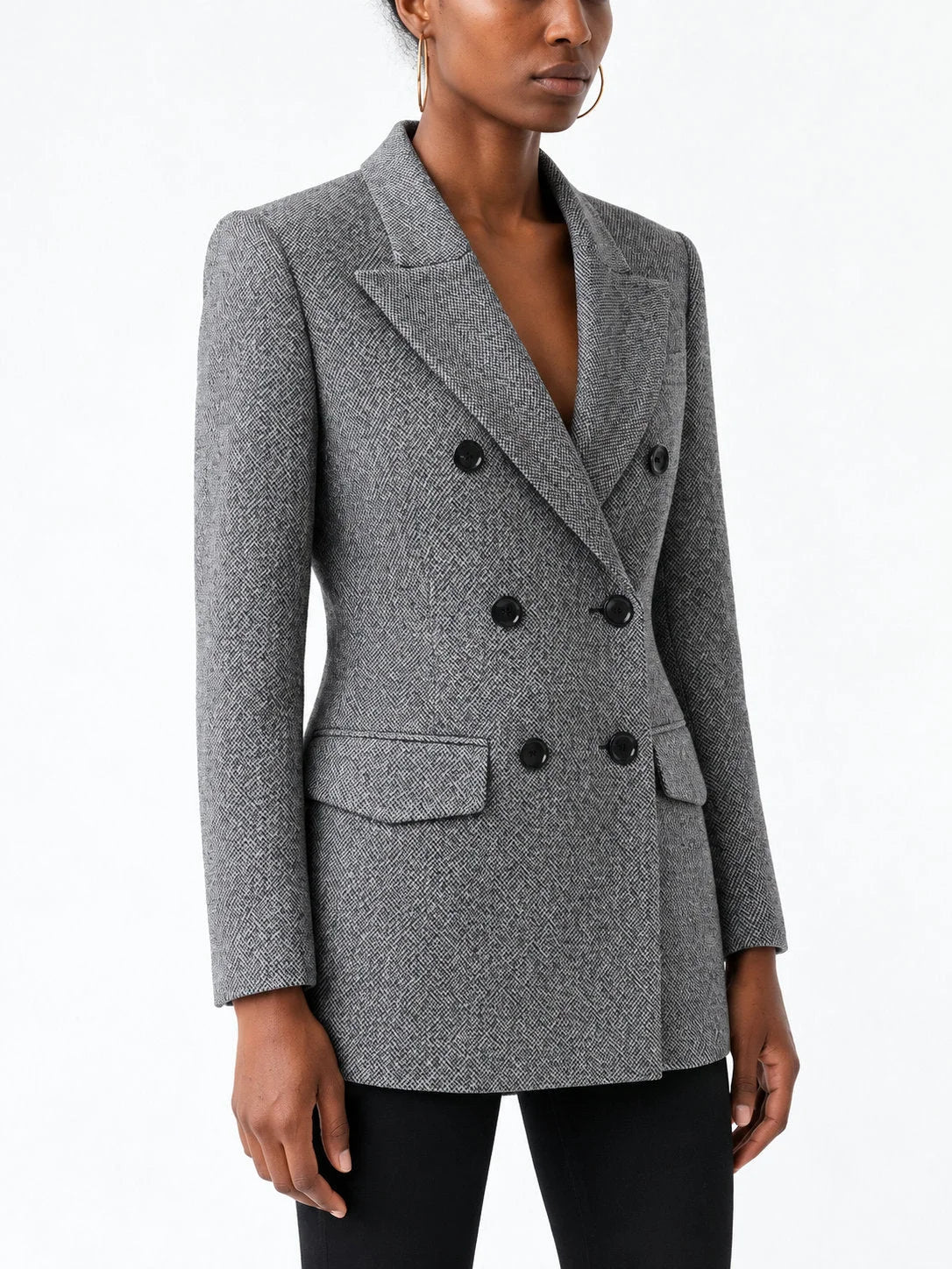Micro Herringbone Double Breasted Wool Blend Blazer - Jackets