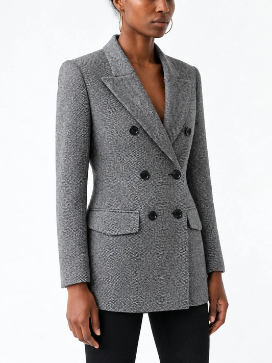 Micro Herringbone Double Breasted Wool Blend Blazer - Jackets
