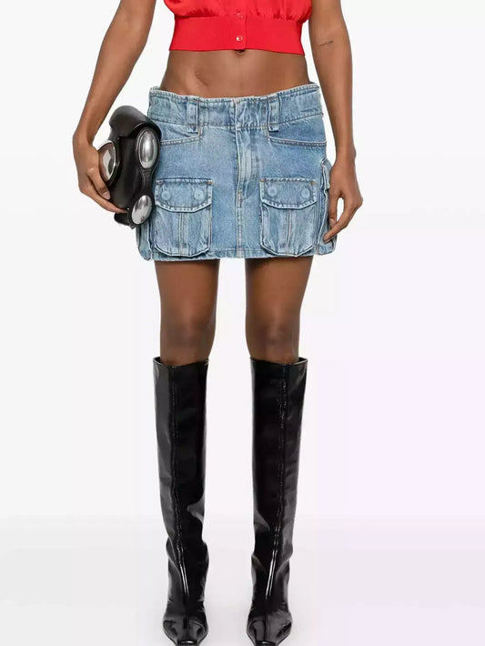 Mid-Rise Denim Cargo Pocket Mini Skirt - XS - Skirts
