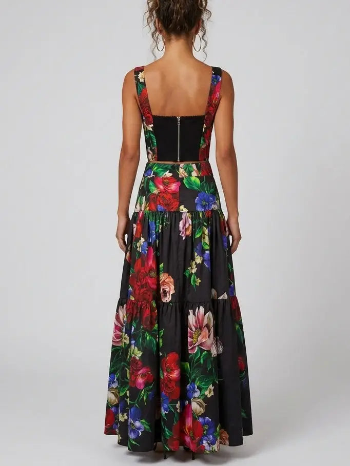 Midnight Floral Corset Top and Tiered Maxi Skirt Set - Suits & Sets