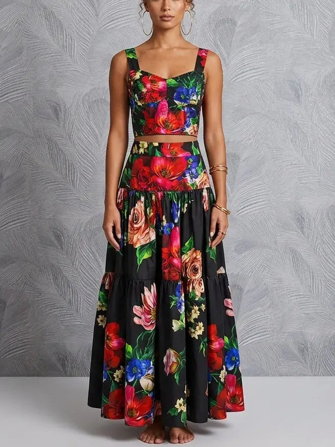 Midnight Floral Corset Top and Tiered Maxi Skirt Set - Suits & Sets