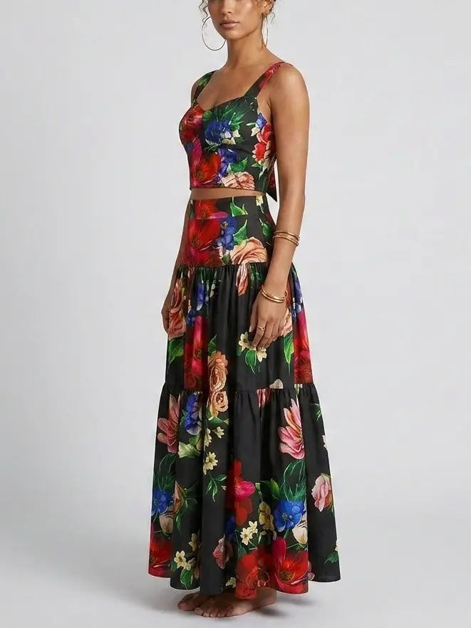Midnight Floral Corset Top and Tiered Maxi Skirt Set - Suits & Sets