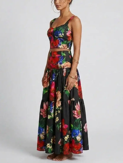 Midnight Floral Corset Top and Tiered Maxi Skirt Set - Suits & Sets