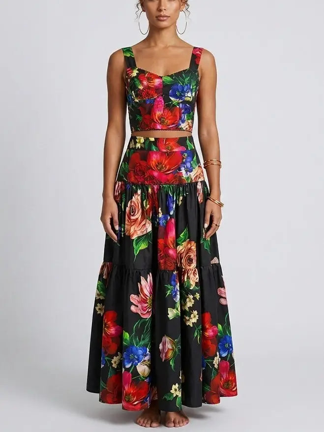 Midnight Floral Corset Top and Tiered Maxi Skirt Set - Suits & Sets