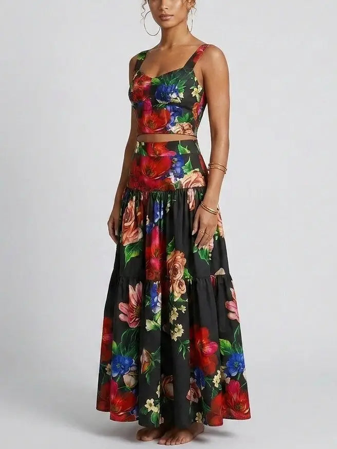 Midnight Floral Corset Top and Tiered Maxi Skirt Set - Suits & Sets