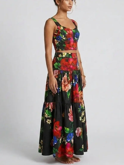 Midnight Floral Corset Top and Tiered Maxi Skirt Set - Suits & Sets
