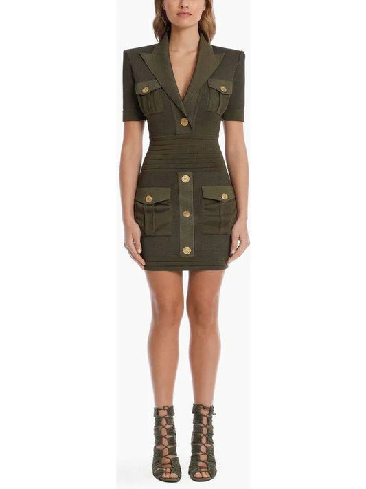 Military Pocket Mini Dress with Gold-Tone Buttons - Branna Couture