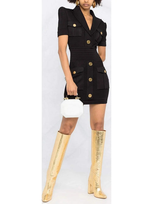 Military Pocket Mini Dress with Gold-Tone Buttons, Black - Branna Couture