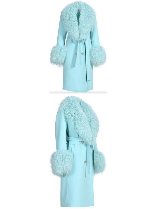 Belted Lambswool/Shearling Wool Cashmere Coat, Light Aqua Blue/Mint - Branna Couture