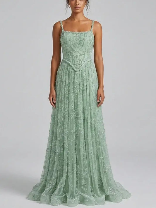 Mint Green Crystal Embellished Corset Evening Gown - XS - Dresses