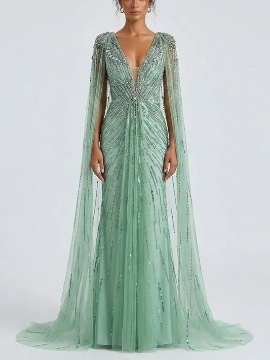 Mint Green Embellished Cape Evening Gown - XS - Dresses