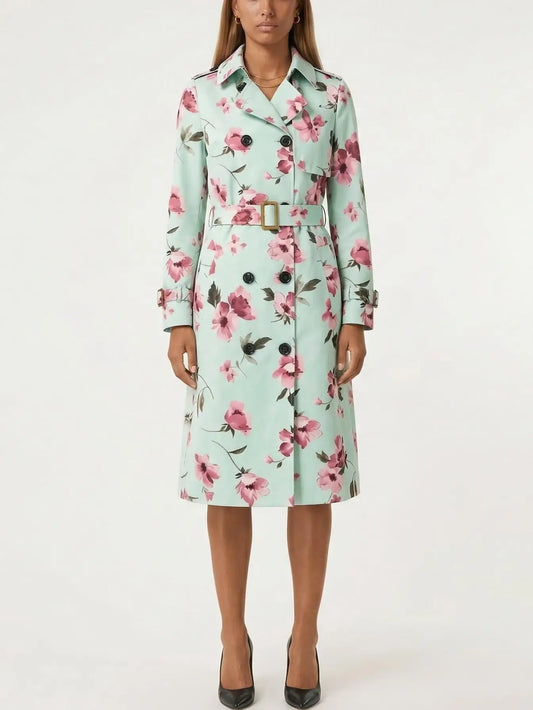 Mint Green Floral Belted Trench Coat - S - Coats