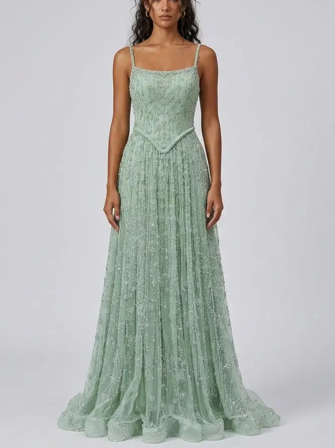 Mint Green Crystal Embellished Corset Evening Gown - Dresses