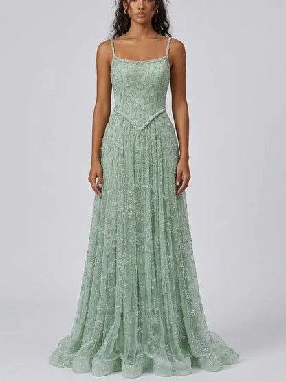 Mint Green Crystal Embellished Corset Evening Gown - Dresses
