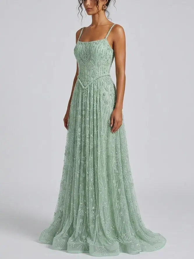 Mint Green Crystal Embellished Corset Evening Gown - Dresses