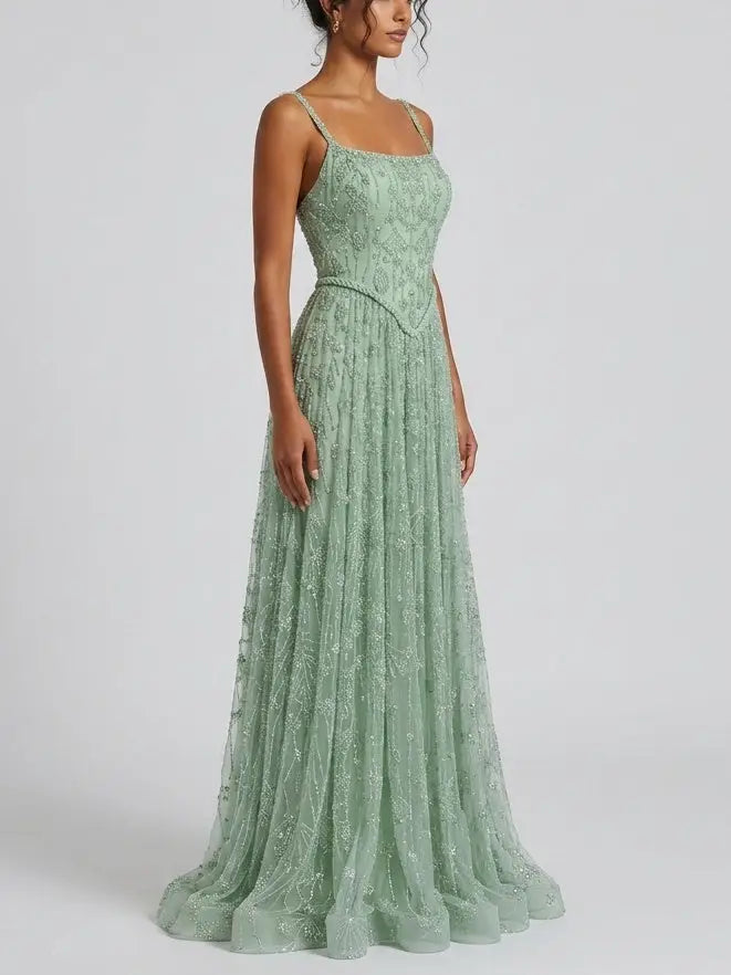 Mint Green Crystal Embellished Corset Evening Gown - Dresses
