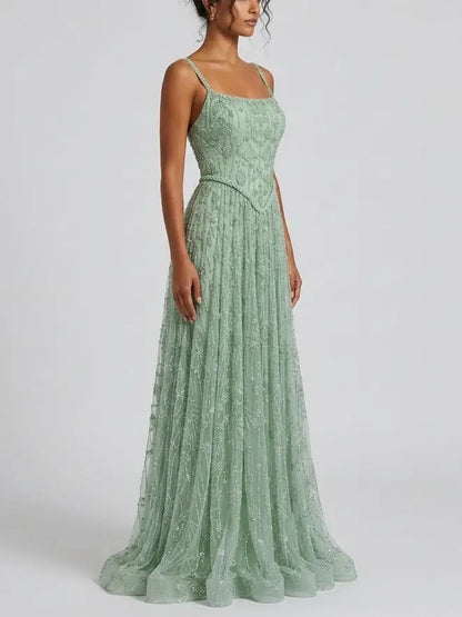 Mint Green Crystal Embellished Corset Evening Gown - Dresses