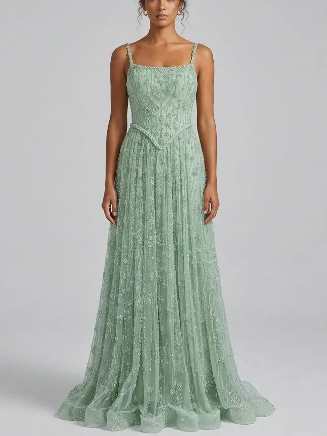 Mint Green Crystal Embellished Corset Evening Gown - Dresses