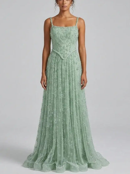 Mint Green Crystal Embellished Corset Evening Gown - Dresses