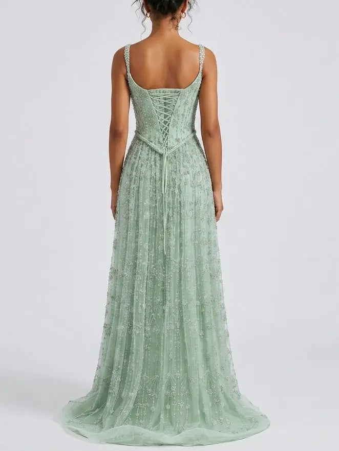 Mint Green Crystal Embellished Corset Evening Gown - Dresses
