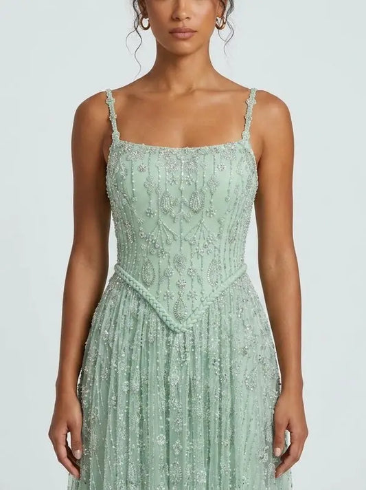Mint Green Crystal Embellished Corset Evening Gown - Dresses