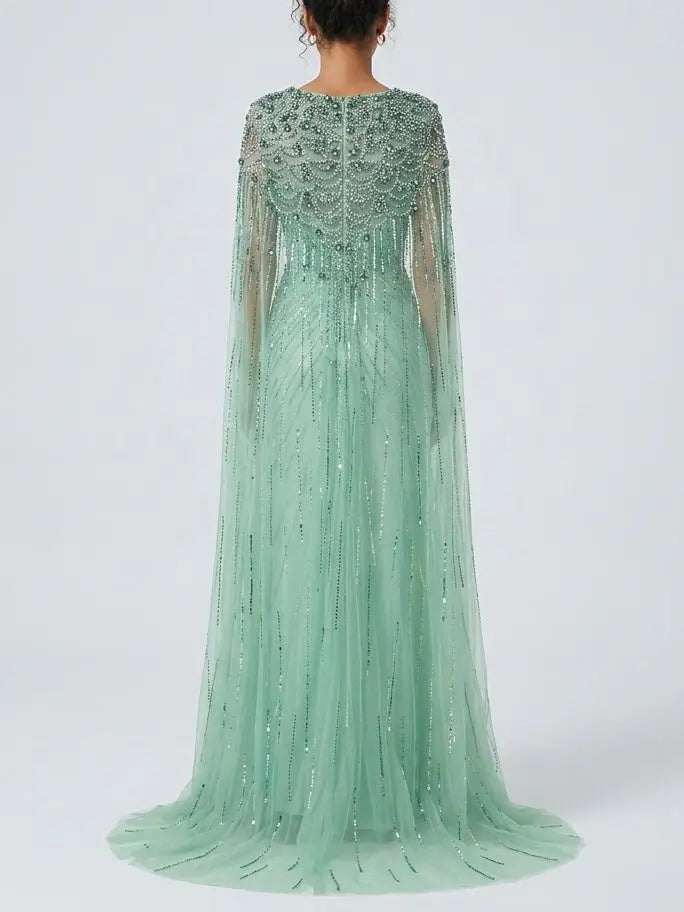 Mint Green Embellished Cape Evening Gown - Dresses