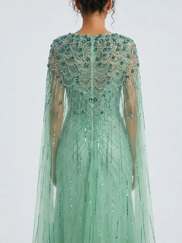 Mint Green Embellished Cape Evening Gown - Dresses