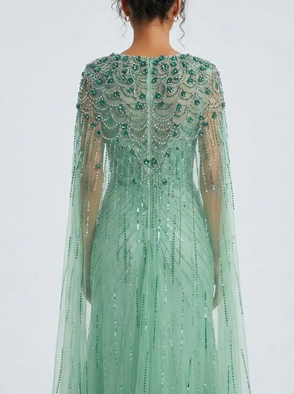 Mint Green Embellished Cape Evening Gown - Dresses