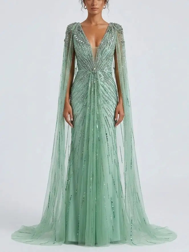Mint Green Embellished Cape Evening Gown - Dresses