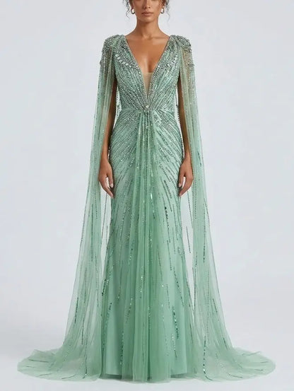 Mint Green Embellished Cape Evening Gown - Dresses