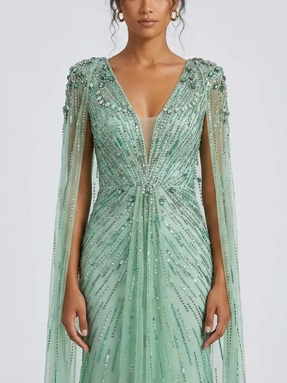 Mint Green Embellished Cape Evening Gown - Dresses