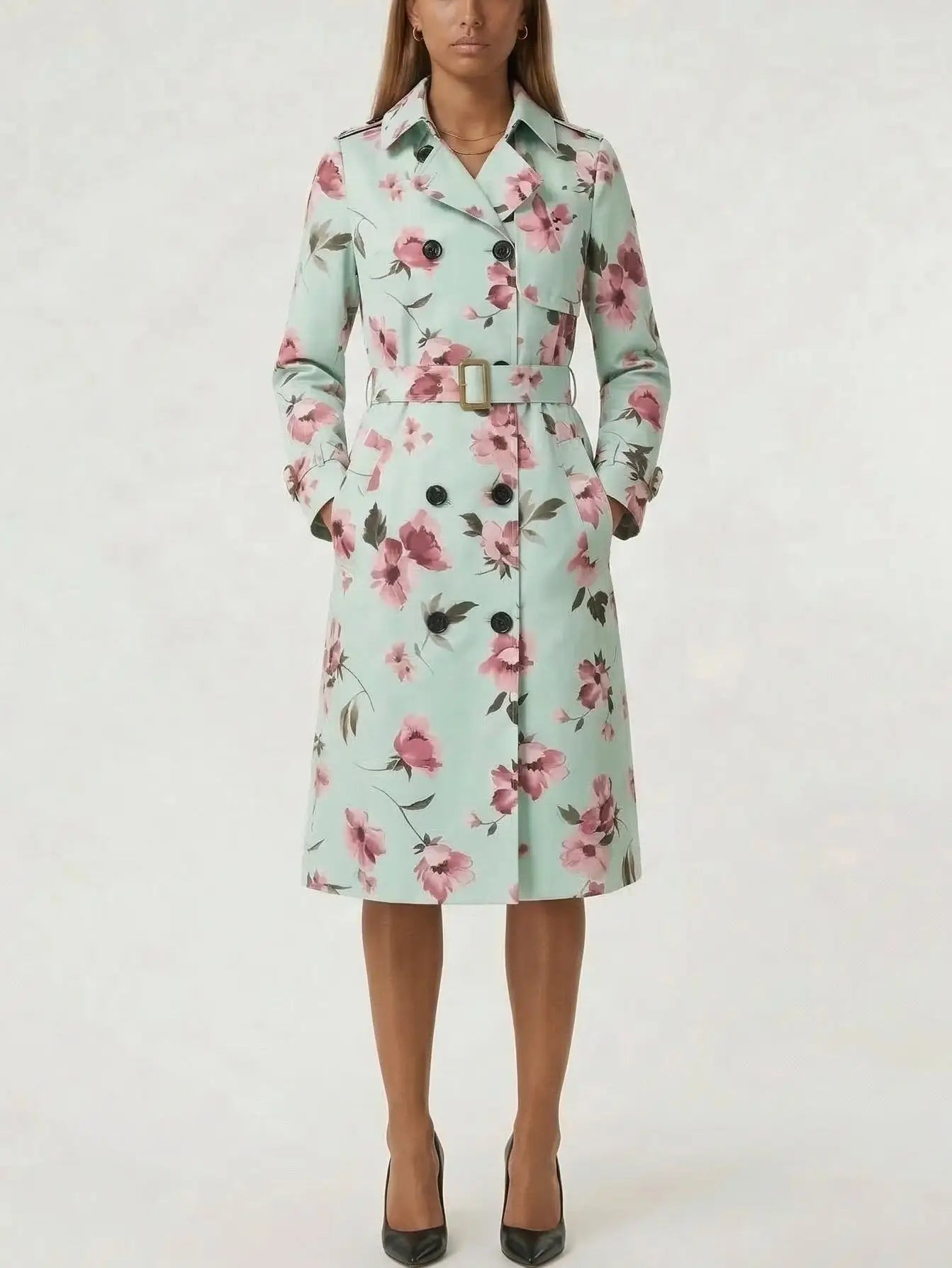 Mint Green Floral Belted Trench Coat - Coats