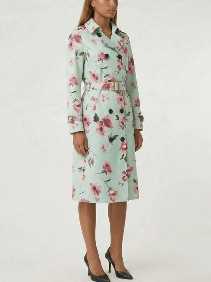 Mint Green Floral Belted Trench Coat - Coats