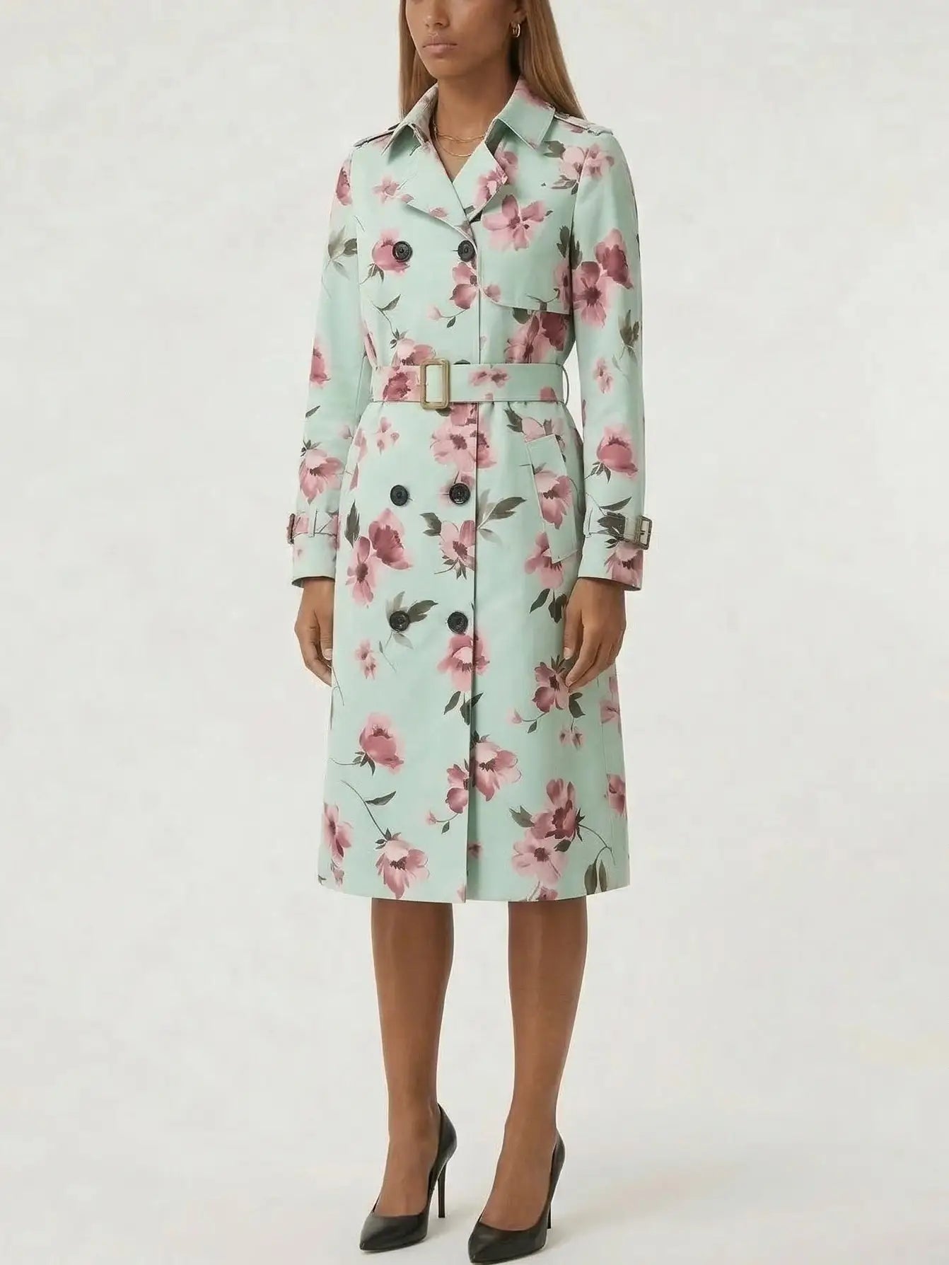 Mint Green Floral Belted Trench Coat - Coats