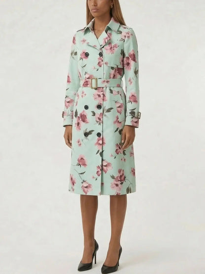 Mint Green Floral Belted Trench Coat - Coats
