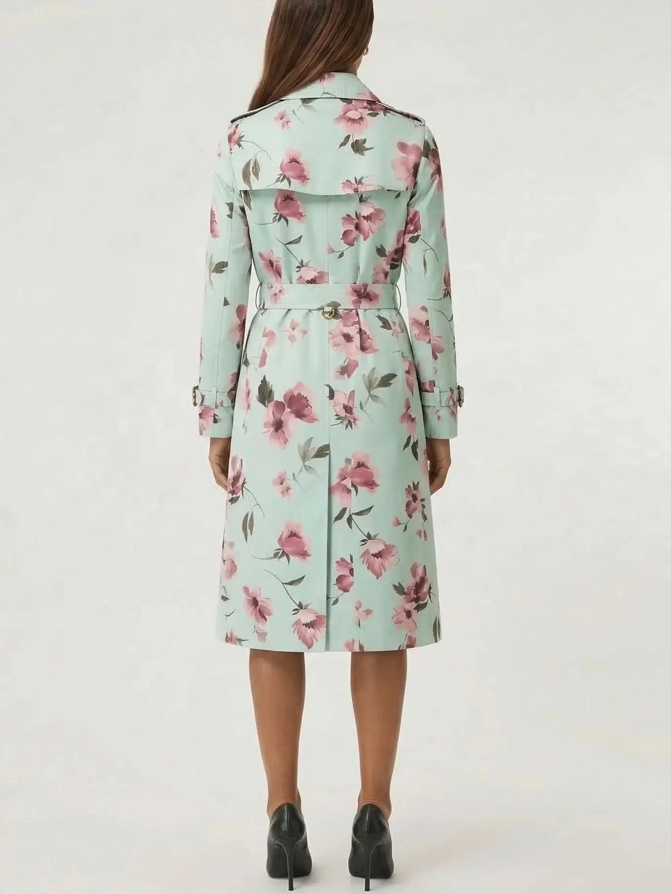 Mint Green Floral Belted Trench Coat - Coats