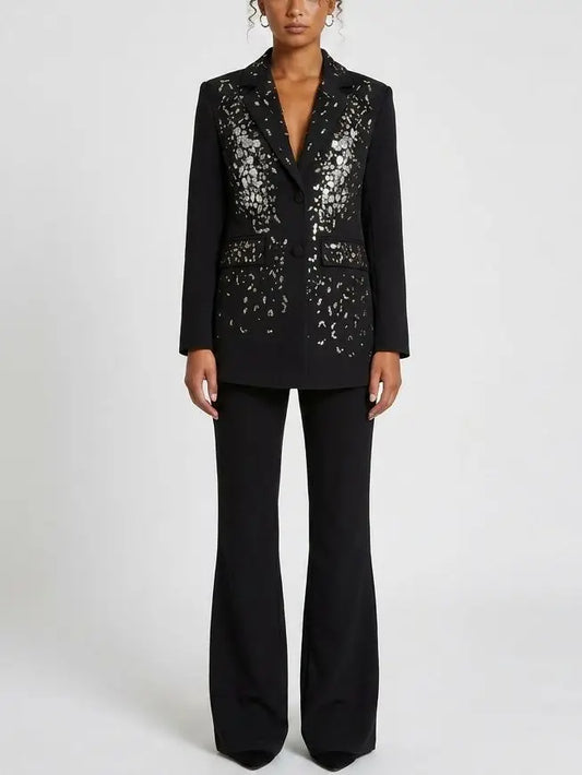 Mirror Paillette Embellished Blazer and Pant Set - M - Suits & Sets