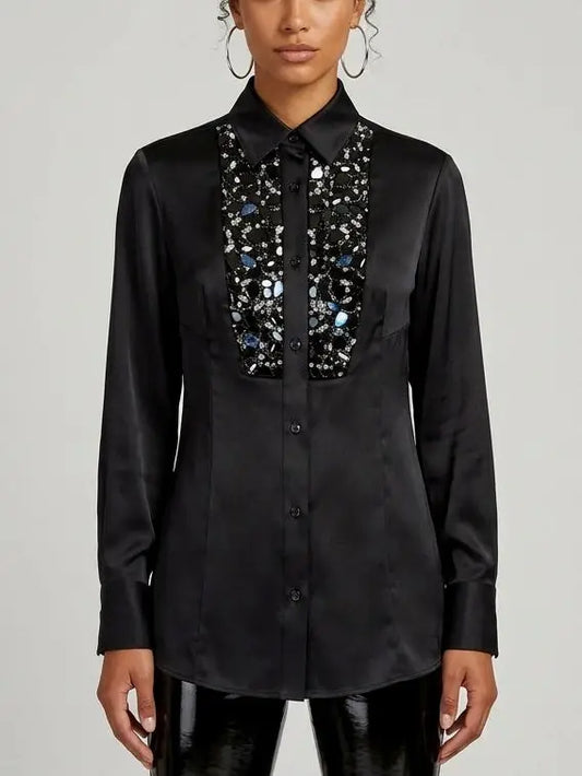 Mirror Paillette Embellished Silk Black Shirt - S - Tops