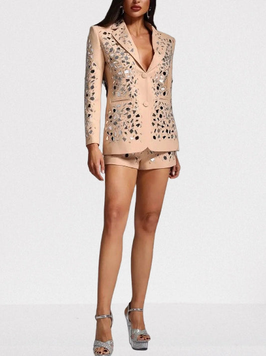 Mirror Sequin Embellished Blazer and Short Set S Suits & Sets