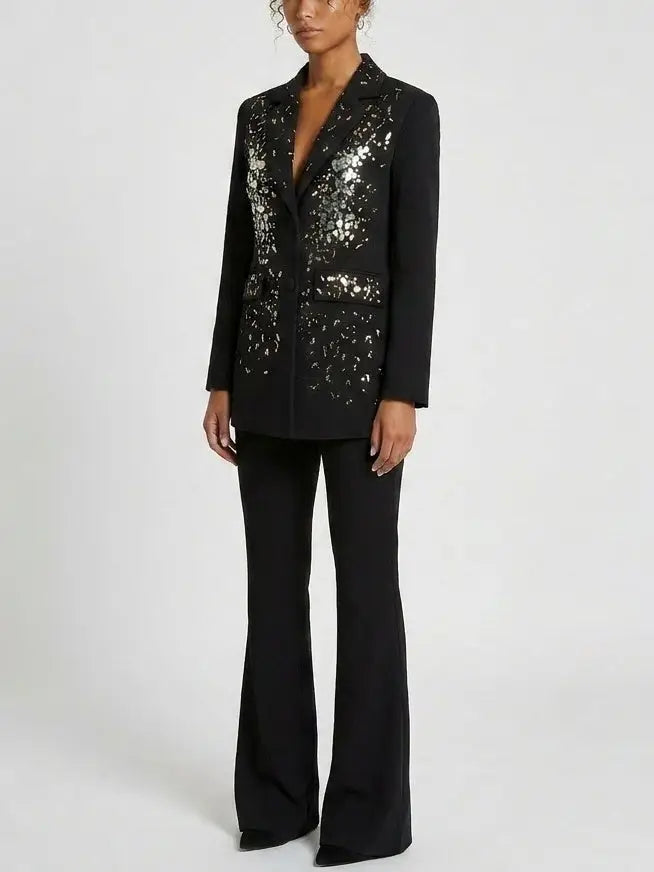 Mirror Paillette Embellished Blazer and Pant Set - Suits & Sets