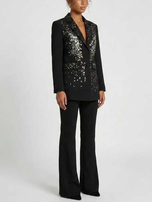 Mirror Paillette Embellished Blazer and Pant Set - Suits & Sets