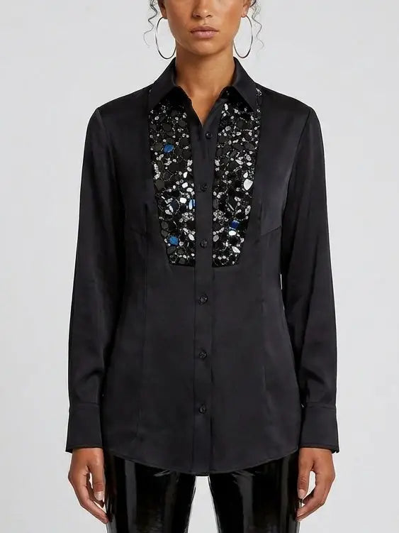 Mirror Paillette Embellished Silk Black Shirt - Tops