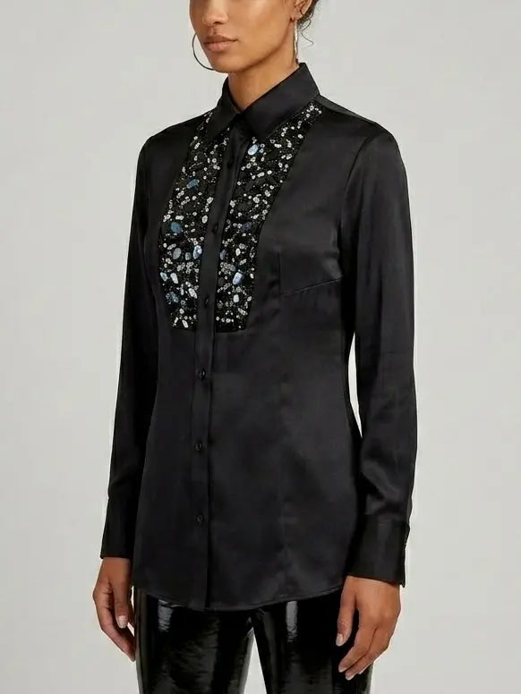 Mirror Paillette Embellished Silk Black Shirt - Tops